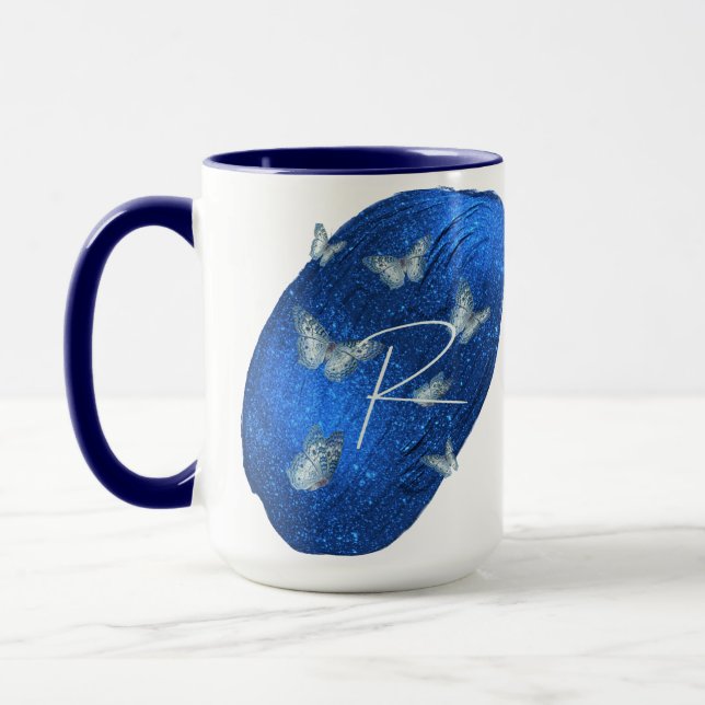 Caneca Royal Blue Butterflies Initials - Letra R Monogram (Esquerda)