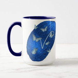 Caneca Royal Blue Butterflies Initials - Letra V Monogram
