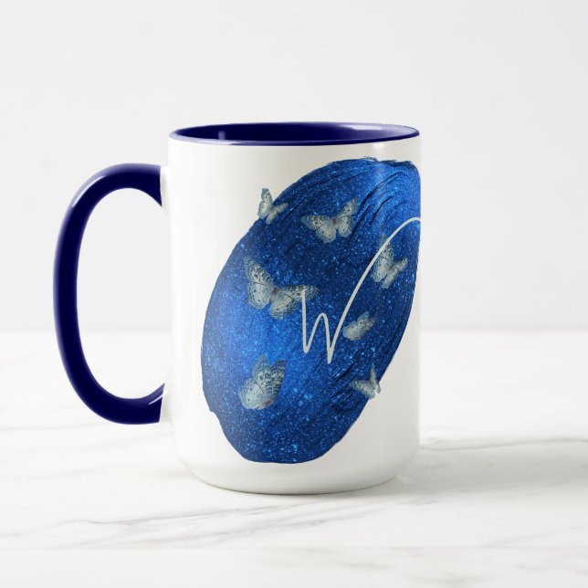 Caneca Royal Blue Butterflies Initials - Letra W Monogram (Esquerda)