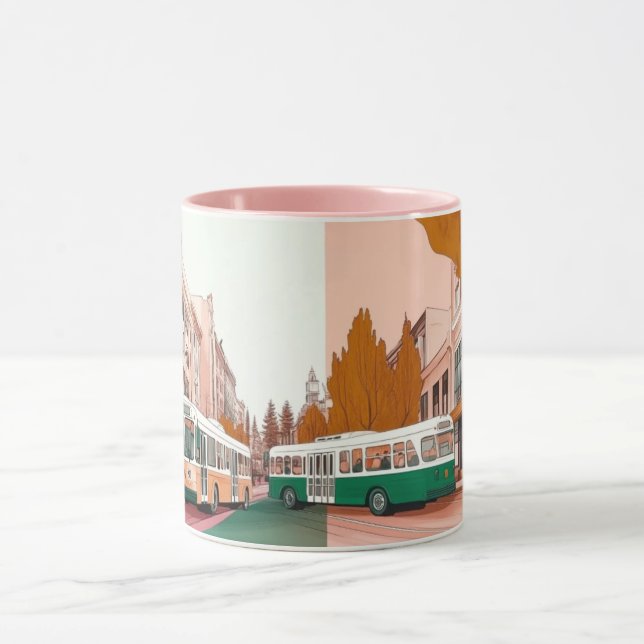 Caneca rua movimentada da cidade com ônibus e edifícios (Centro)
