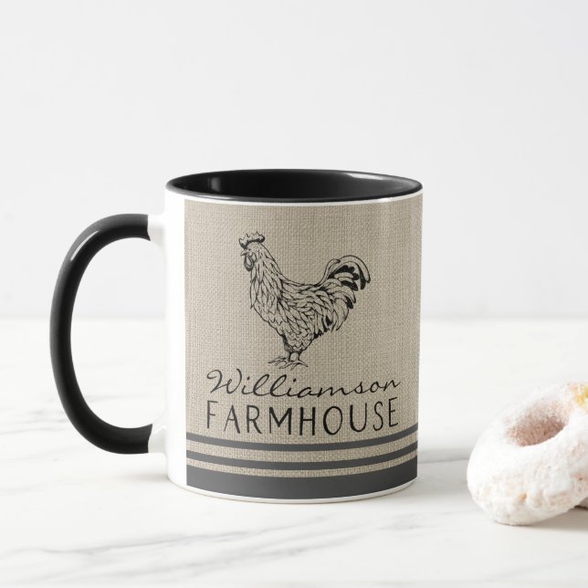 Caneca Rushouse Farmhouse Rooster Family Name Burlap (Com Donut)