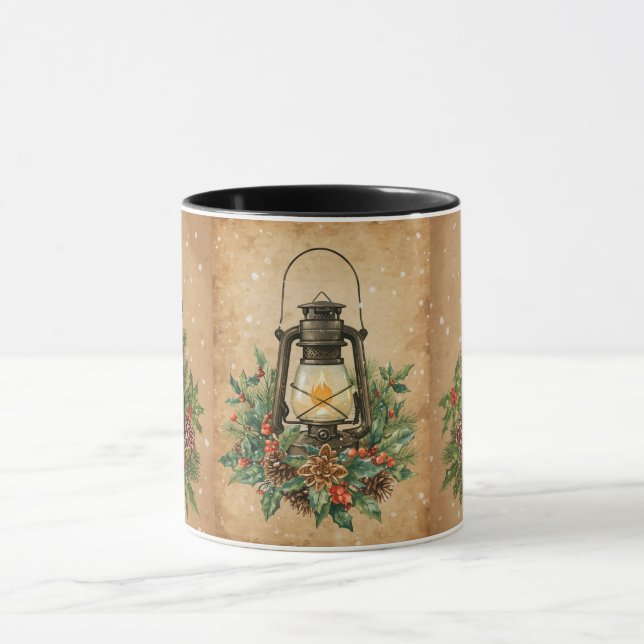 Caneca Rustic vintage lantern holly pine cozy festive (Centro)