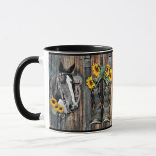Caneca Rustic Western Horse Cowboy Botas Sunflower