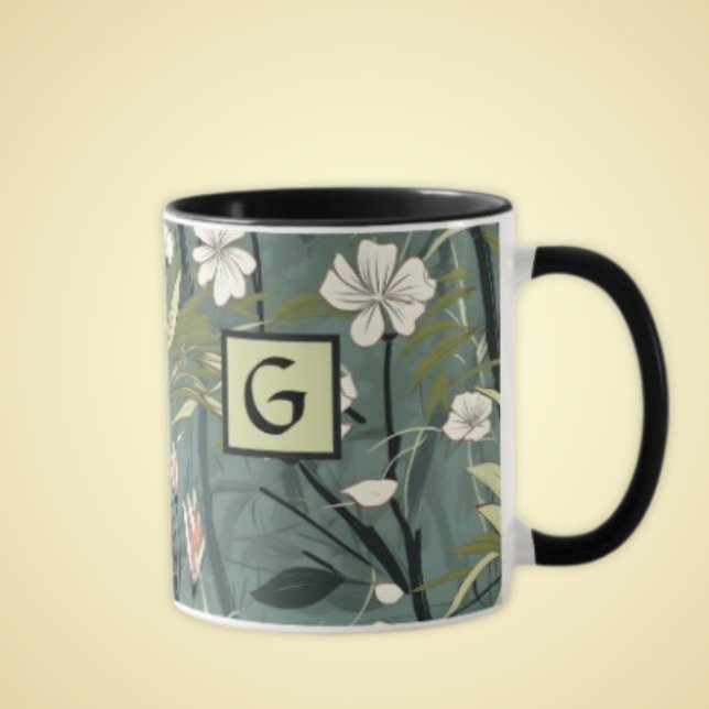 Caneca Sage Green Black Floral Japanese Style Monogram  (Criador carregado)