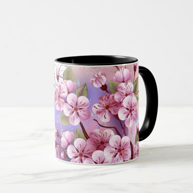 Caneca Sakura rosa no fundo da pintura (Frente Esquerda)