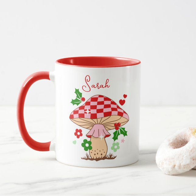 Caneca Sala de Cogumelos de Disco de Natal Retroversa (Com Donut)