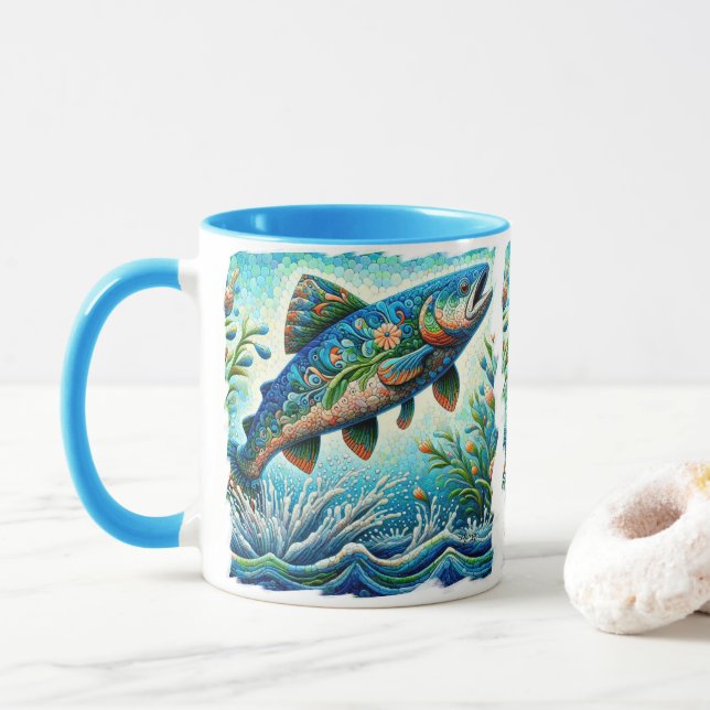 Caneca Salmão Jumping Mosaico Floral Azul Pêssego Verde (Com Donut)