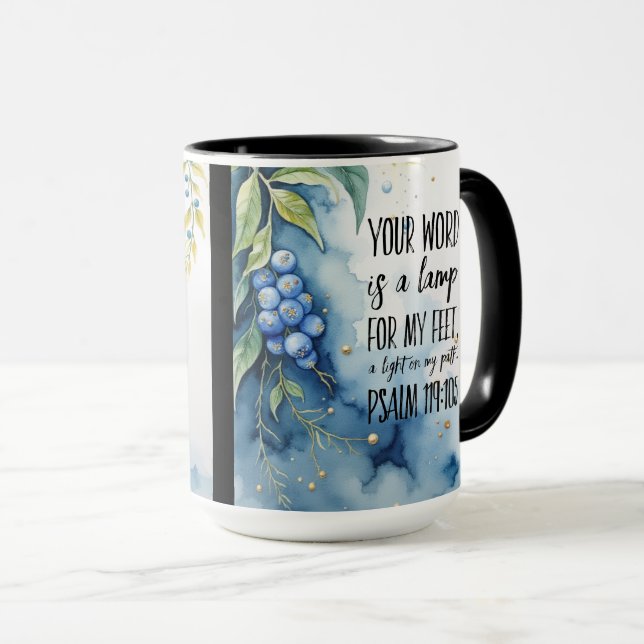 Caneca Salmo 119:105 Versículo da Bíblia Cristã na Imagem (Frente Esquerda)