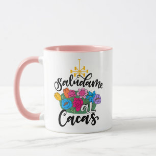 Caneca Saludame al Cacas, trabalho de arte desenhado à mã