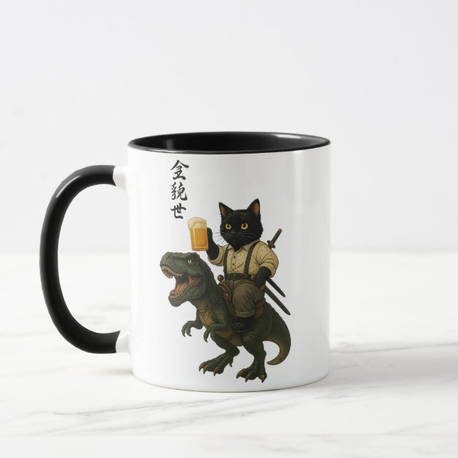 Caneca Samurai Cat with Beer & T-Rex | Retro Japanese Art (Esquerda)