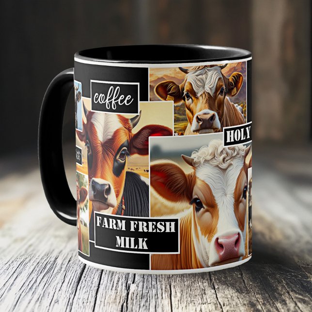 Caneca Santa Fazenda de vaca, café fresco (Mug featuring images of different cows - great for coffee with milk or a gift for a farmer)