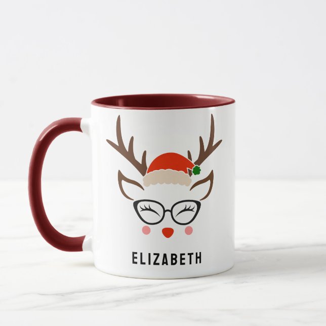 Caneca Santa Hat Reindeer Bonita Marrom de Natal (Esquerda)