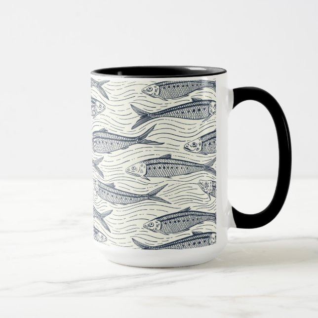 Caneca Sardinhas em Movimento em azul marinho e marfim (Direita)