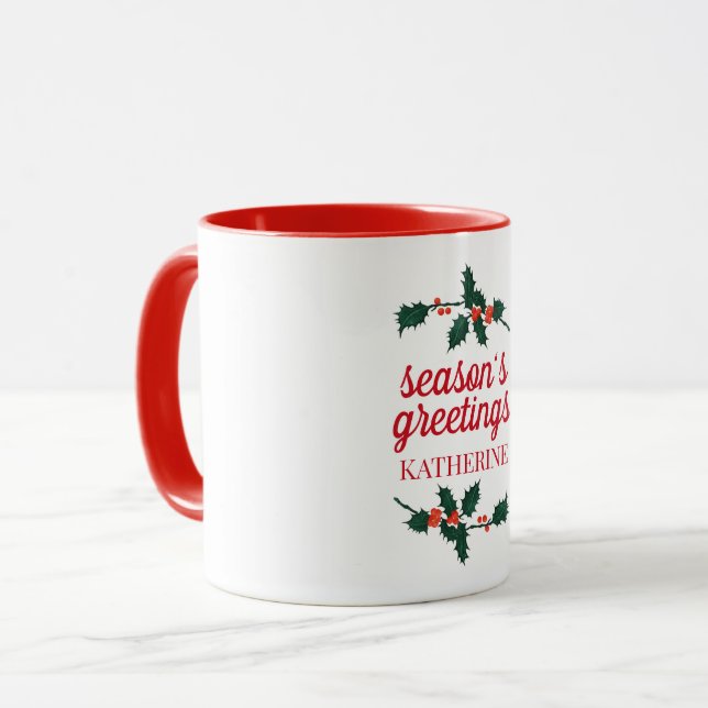 Caneca Saudações da Estação de Natal Personalizado Holly  (Frente Esquerda)
