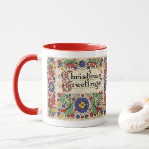 Caneca Saudações de Natal Antigas com Bordas Decorativas