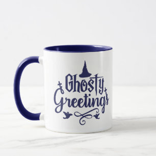 Caneca Saudações Felizes Azul Escuro e Halloween Branco
