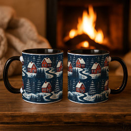 Caneca Scandinavian Folk Art Cozy Winter Cabin Mug