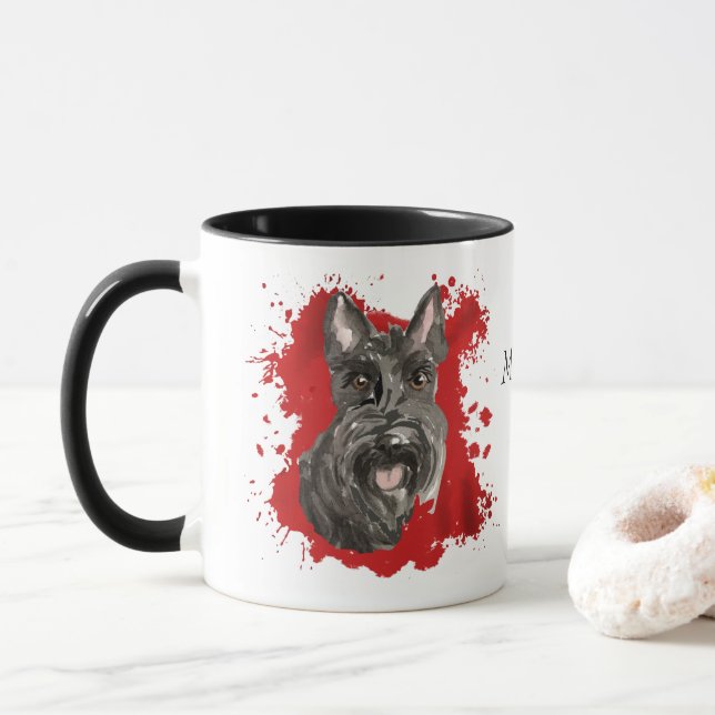 Caneca Scottish Terrier Dog Red Abstrato (Com Donut)