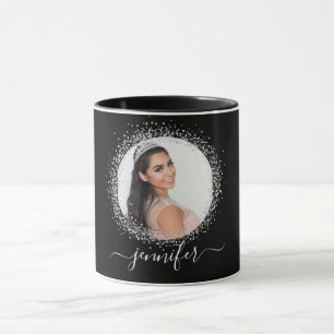 Caneca Script de nome da fenda de foto em prata preta
