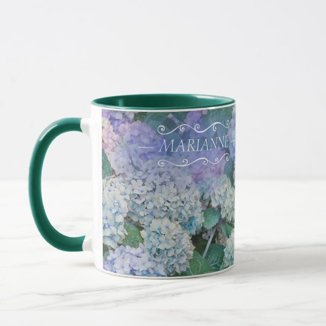 Caneca Script de Nome de Hydrangea Monograma Azul Floral (Esquerda)