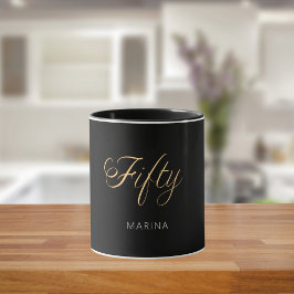 Caneca Script de nome de ouro preto 50.o aniversário