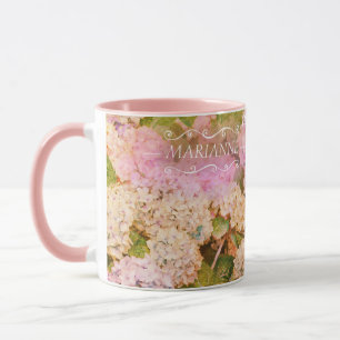 Caneca Script de Nome do Hidrangea Monograma, Rosa Floral