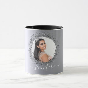 Caneca Script glamouroso de nome de foto prata