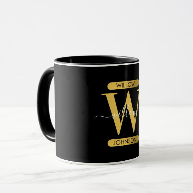 Caneca Script Moderno do Monograma Dourado e Preto Elegan (Frente Esquerda)