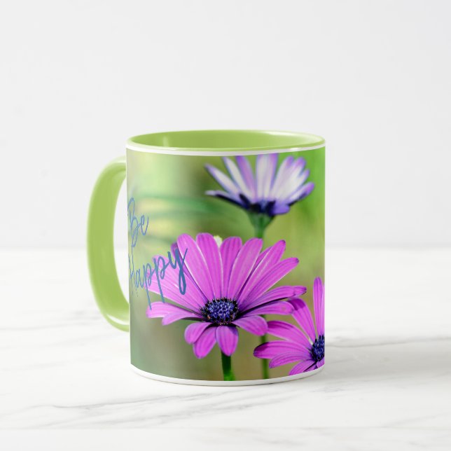 Caneca Seja Feliz com Flores e Nomes (Frente Esquerda)
