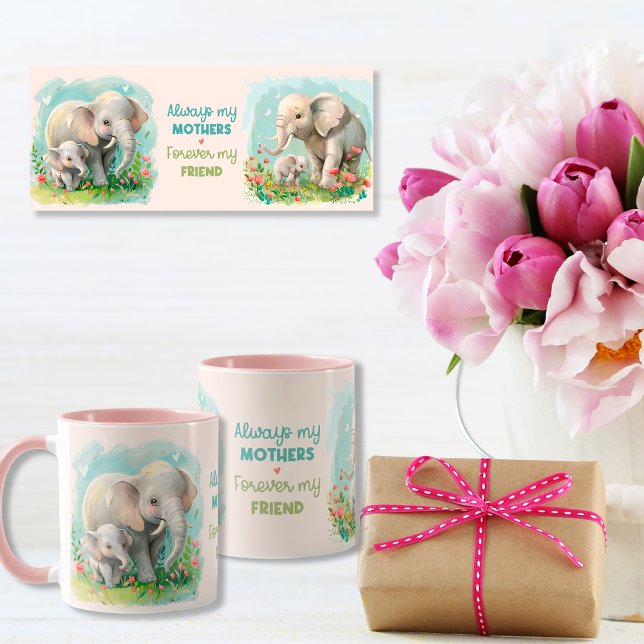 Caneca Sempre minha mãe - Mãe elefante e rosa-bebê (Always my Mother - Elephant Mum & Baby Pink Mug)