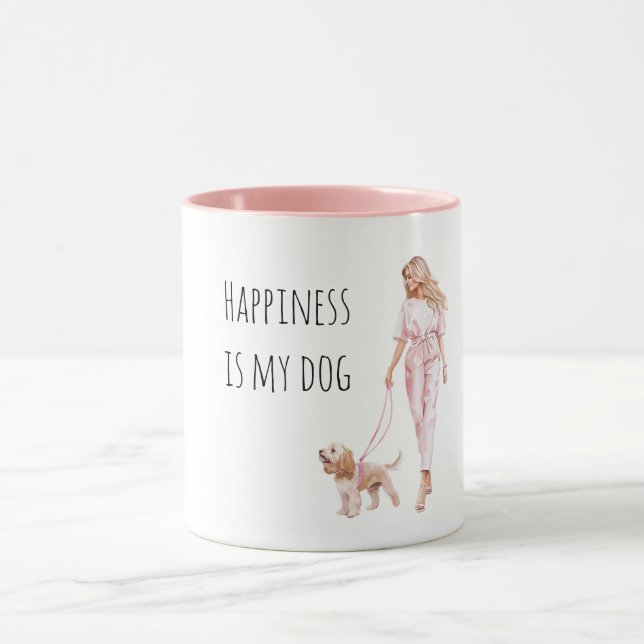 Caneca Senhora de Cabelo Loiro Passeando Cachorro   (Centro)