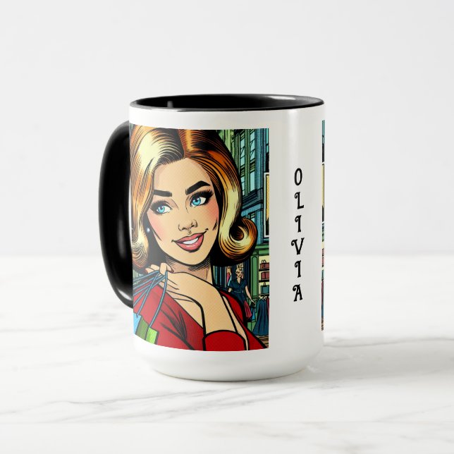 Caneca Senhora Retro com Sacolas de Compras Personalizada (Frente Esquerda)