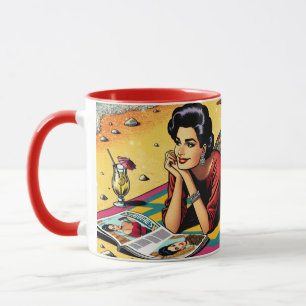 Caneca Senhora retrô na praia sonhando com moda