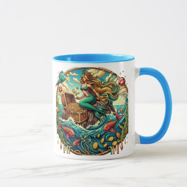 Caneca Sereia sentada numa rocha com um tesouro aberto (Direita)