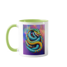 Serpent géant coloré enroulé sur fond coloré.