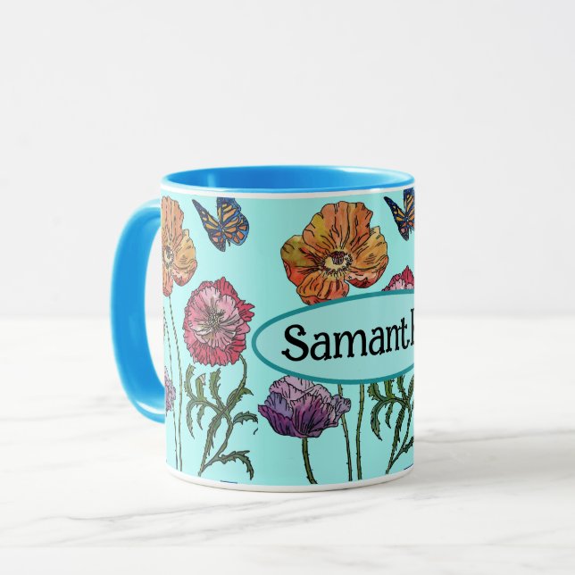 Caneca Shabby Poppy Red Purple em Nome Personalizável Aqu (Frente Esquerda)