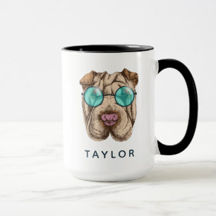 Caneca Sharpei nos óculos de sol adiciona seu nome