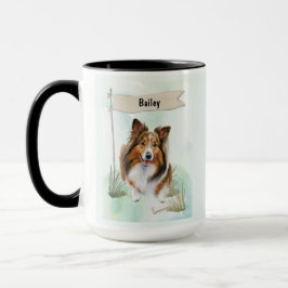 Caneca Shetland Sheepdog Watercolor Personalized Dog