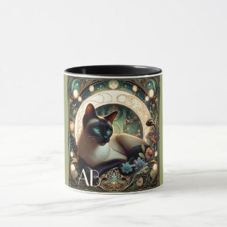 Caneca Siamese Cat Floral Green Art Nouveau