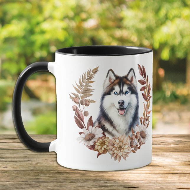 Caneca Siberian Husky Dog Autumn Wreath (Criador carregado)