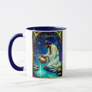 Caneca Signo Zodiacal de Aquário sob um Céu Estrelado
