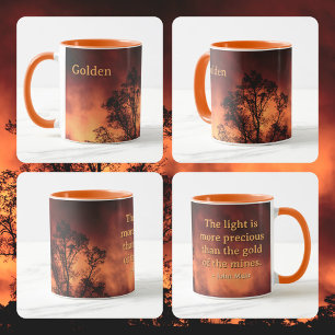 Caneca Silhueta de Árvore Céu Dourado John Muir Citação d