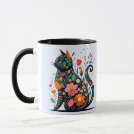 Caneca Silhueta de gato preto feita de flores coloridas