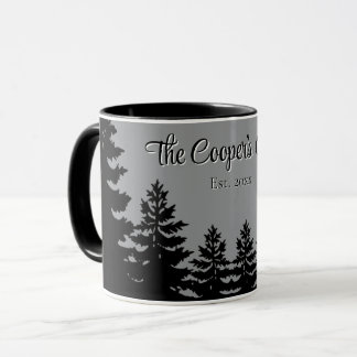 Caneca Silhueta minimalista de pinheiro cinza e preto