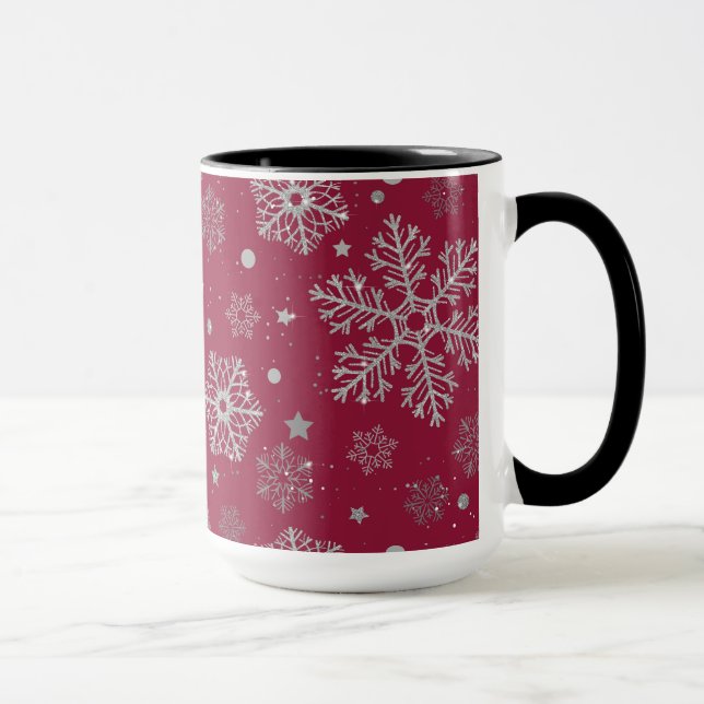 Caneca Silver snowflakes on dark red (Direita)