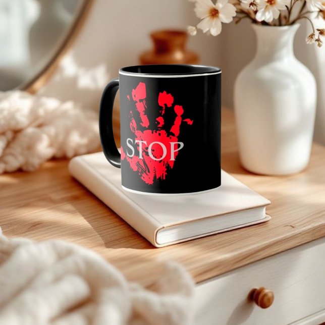 Caneca Símbolo de Aviso "PARAR" do Handprint Vermelho Neg (Criador carregado)
