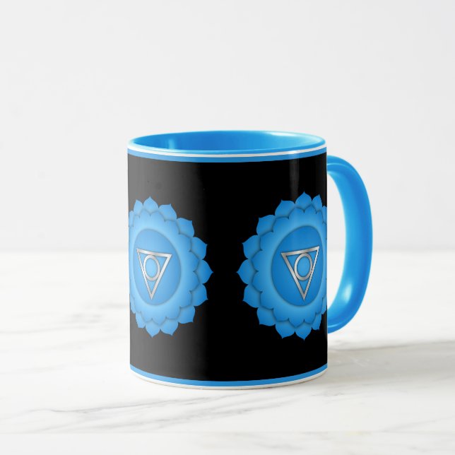 Caneca Símbolo do Chakra da Garganta Azul Mindfulness e C (Frente Esquerda)