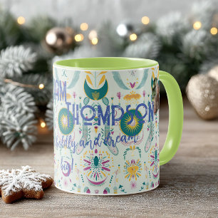 Caneca Símbolos celestiais boho chic em azul-turquesa e d