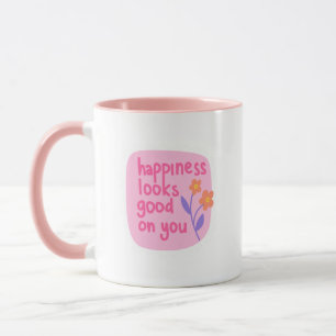 Caneca Simples Charme Rosa Branco Felicidade Fica Bem