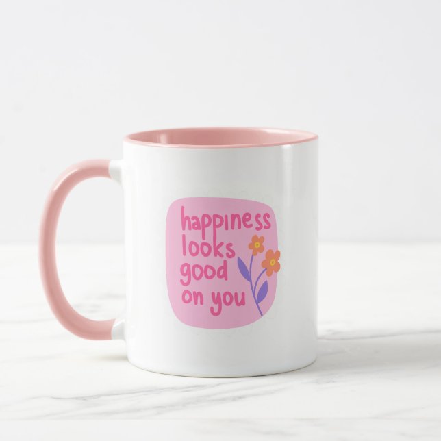 Caneca Simples Charme Rosa Branco Felicidade Fica Bem (Esquerda)